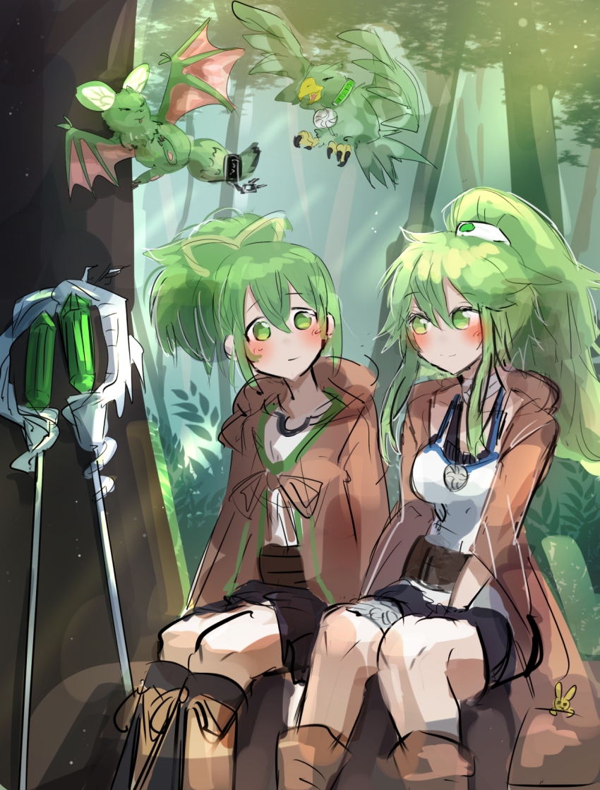 2girls, bird, brown_coat, coat, commission, duel_monster, forest, hatano_kiyoshi