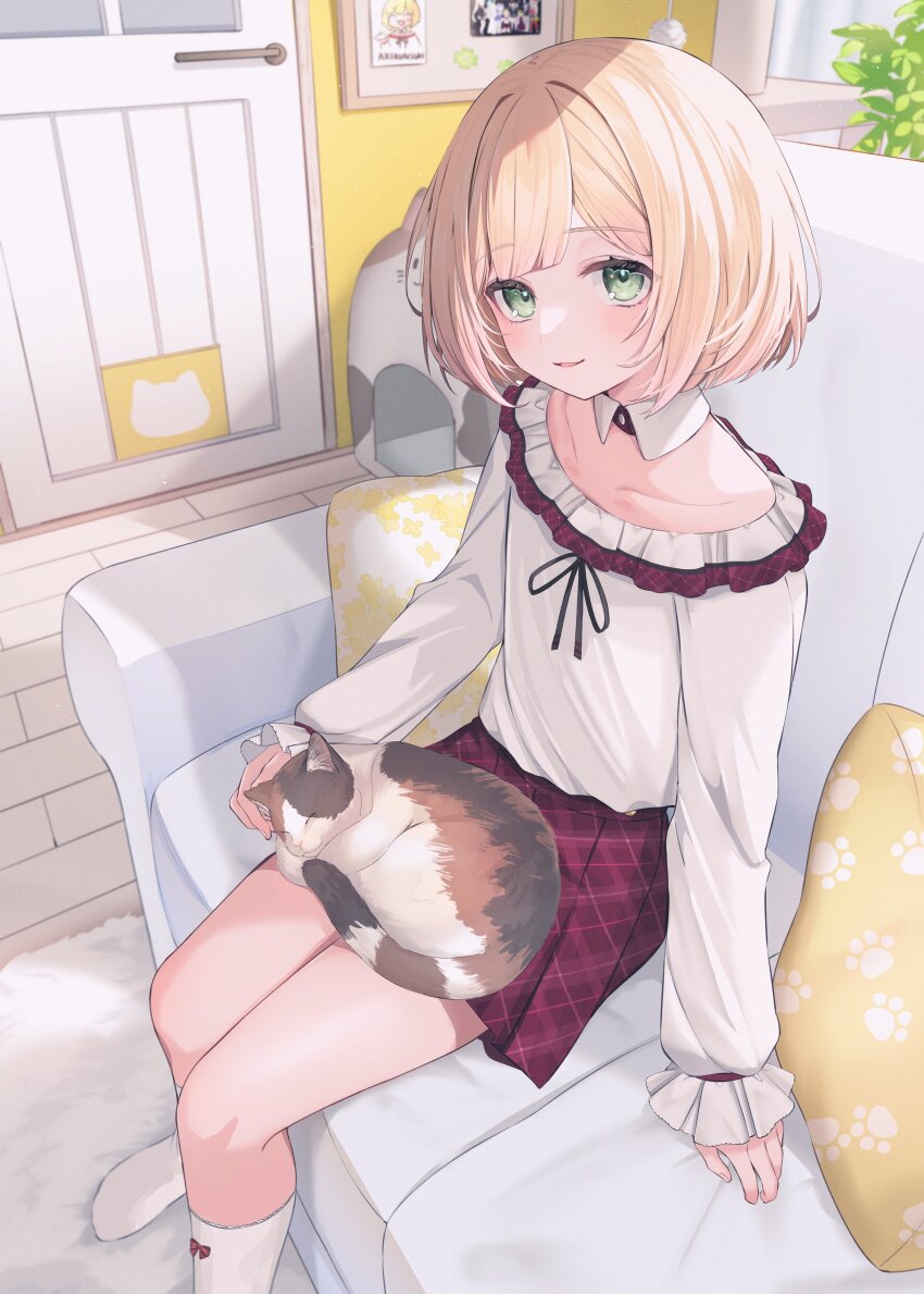1boy, absurdres, androgynous, animal, animal_on_lap, black_ribbon, blonde_hair, bow_legwear