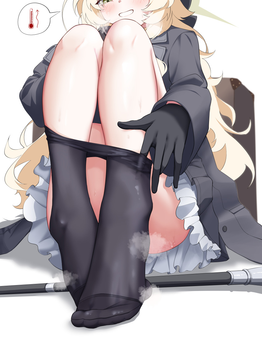 1girl, absurdres, beret, black_coat, black_gloves, black_pantyhose, blonde_hair, blue_archive, blush, cane, clothes_pull, coat, commentary, feet, fluffy_hair, frilled_skirt, frills, gloves, green_eyes, halo, hat, highres, knees_up, legs, legs_together, long_hair, long_sleeves, miniskirt, no_shoes, pantyhose, pantyhose_pull, professor_niyaniya_(blue_archive), simple_background, sitting, skirt, smile, solo, steaming_body, suitcase, sweat, teeth, temperature, toes, white_background, yoowaru