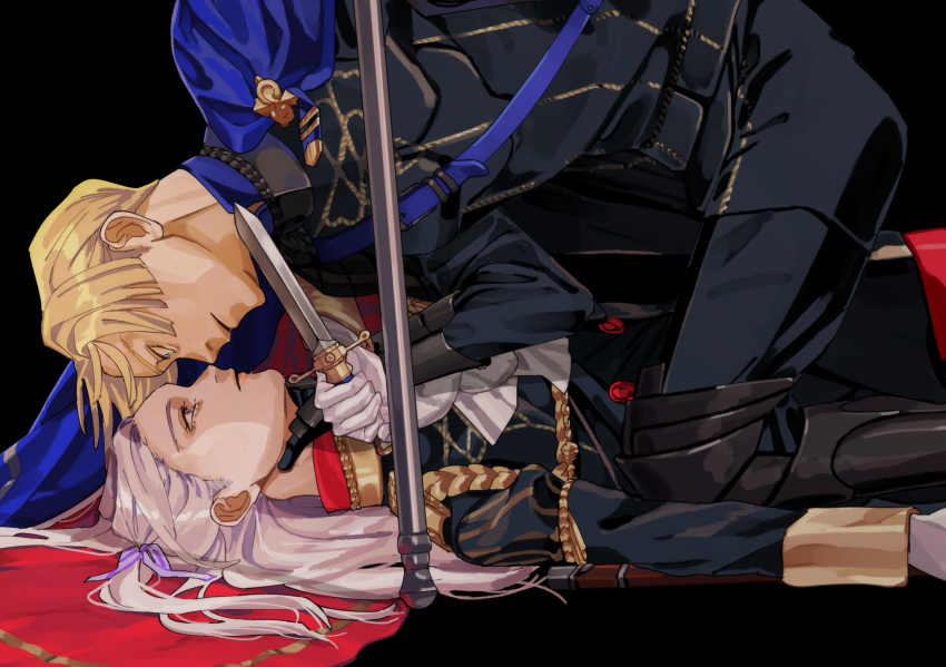 1boy, 1girl, akiraka_(n_l_m_g), bent_over, black_background, black_footwear, black_pants, blonde_hair