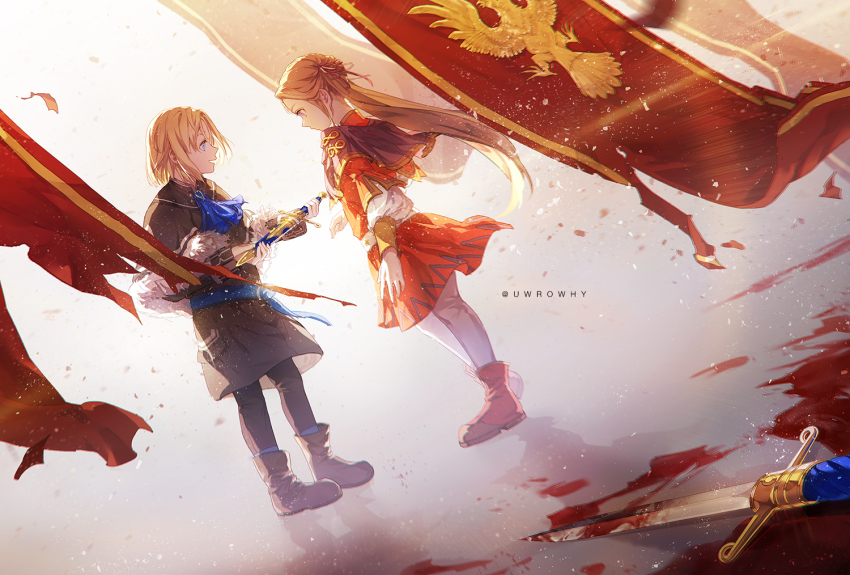 1boy, 1girl, aged_down, black_footwear, black_pants, blonde_hair, blood, blood_splatter