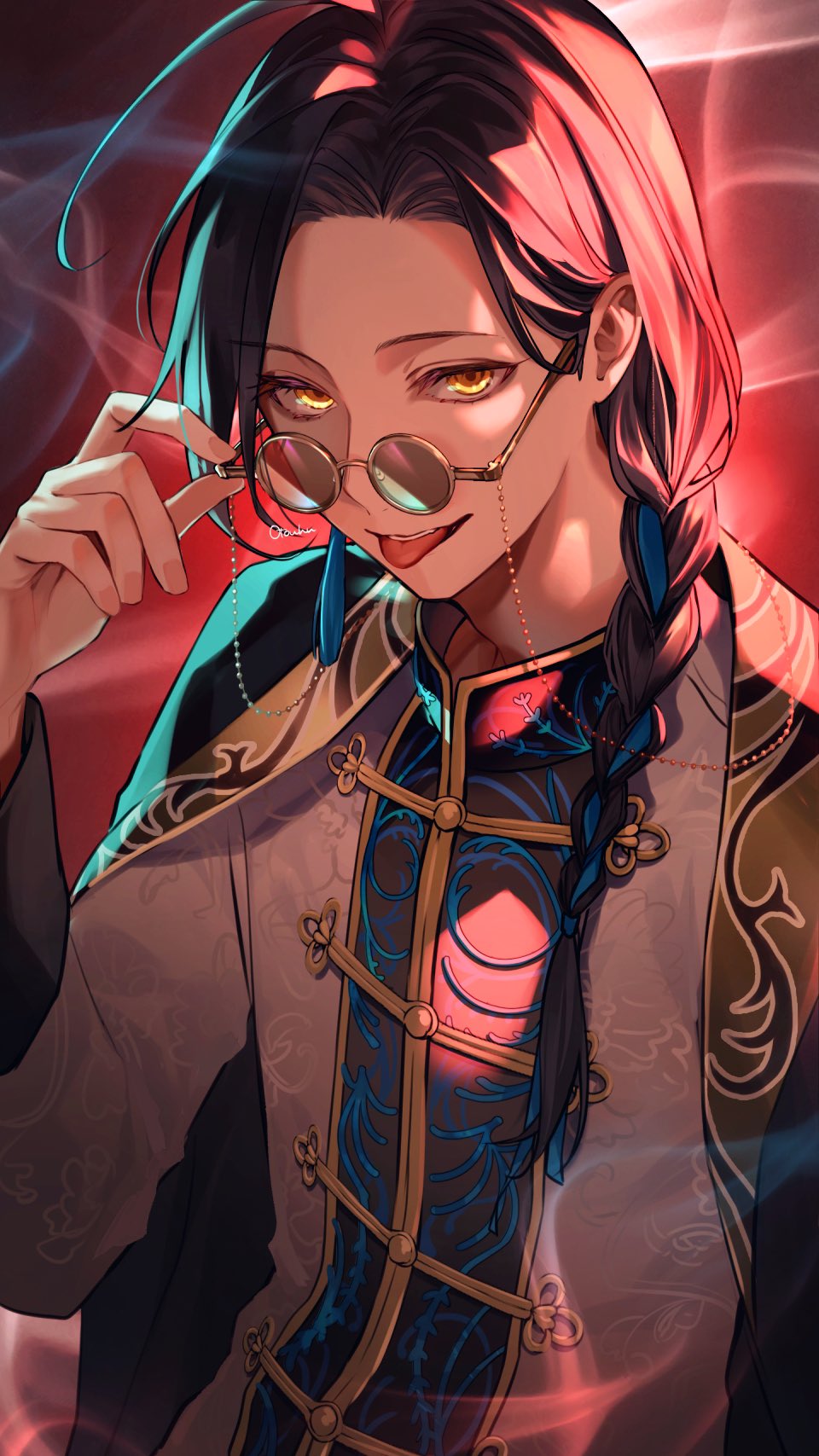 1boy, adjusting_eyewear, artist_name, black_coat, black_hair, blue_hair, braid, changpao