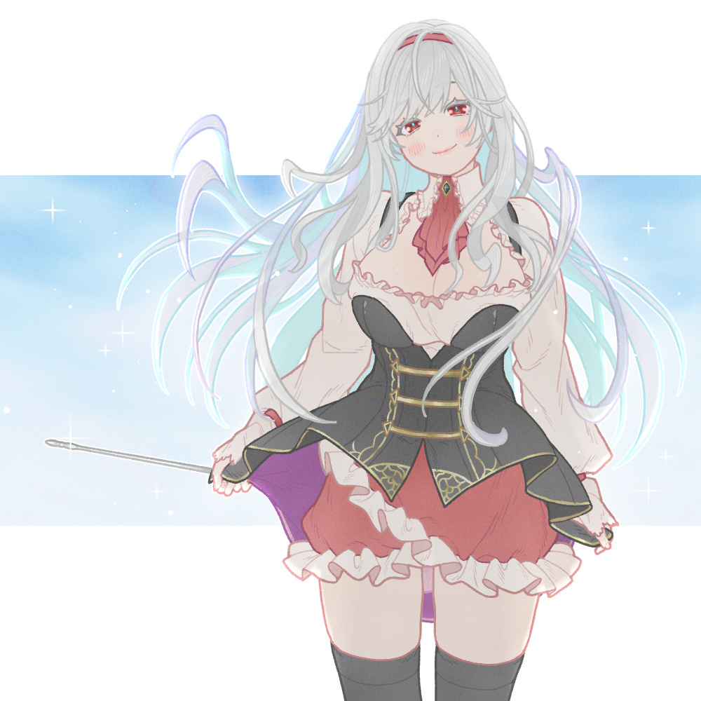 1girl, anna_(sennen_sensou_aigis), ascot, black_thighhighs, blush, breasts, chagashi, cleavage