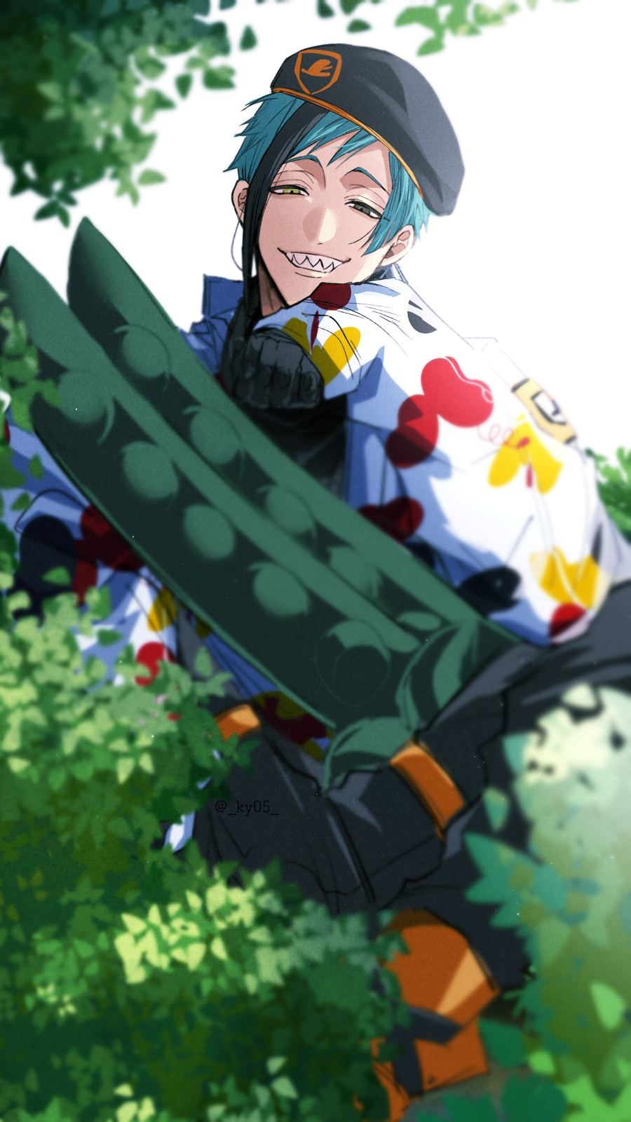 1boy, black_eyes, blue_hair, bush, commentary_request, floyd_leech, floyd_leech_(beans_camo), green_eyes, grin, heterochromia, highres, long_sleeves, male_focus, outdoors, sharp_teeth, shinozaki_kyouko, short_hair, sitting, sleeves_past_wrists, smile, solo, teeth, twisted_wonderland, white_background