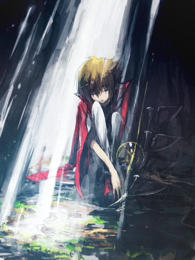 1boy, black_footwear, black_shirt, brown_hair, card, cave_interior, closed_eyes, dappled_sunlight