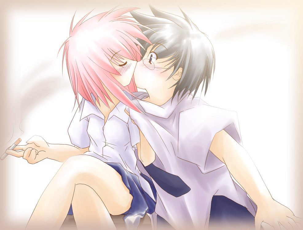 00s, blush, brown_hair, cigarette, glasses, kiss, mahoraba, momono_megumi, red_hair, shiratori_ryushi, smoking