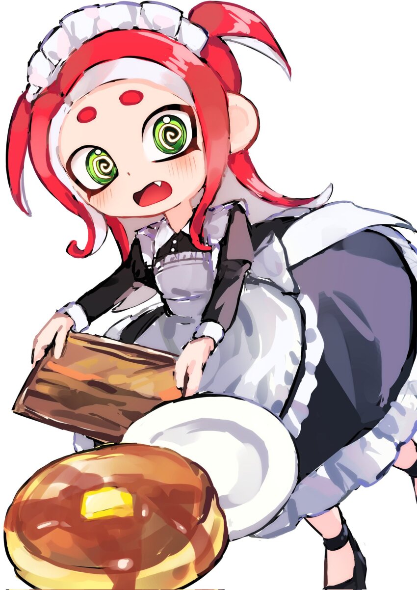 1girl, @_@, apron, black_dress, butter, commentary_request, dot_nose, dress, fang, food, green_eyes, highres, holding, holding_tray, maid, maid_apron, maid_headdress, maple_syrup, medium_hair, nintendo, octoling, octoling_girl, octoling_player_character, open_mouth, pancake, plate, red_hair, short_eyebrows, simple_background, solo, splatoon_(series), splatoon_3, tentacle_hair, thick_eyebrows, tray, tripping, two_side_up, tyokosohu, white_apron, white_background, white_headdress