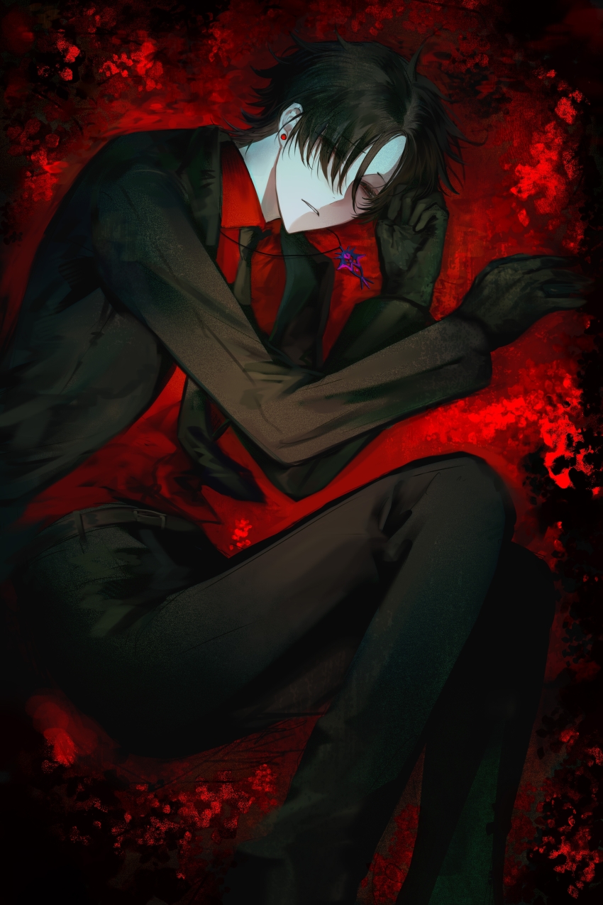 1boy, absurdres, belt, black_belt, black_eyes, black_gloves, black_hair, black_jacket