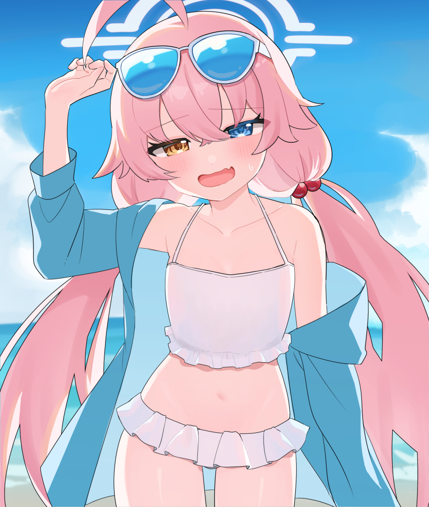 1girl, absurdres, bare_shoulders, beach, bikini, blue_archive, blue_eyes, blush, collarbone, day, eyewear_on_head, fang, frilled_bikini, frills, hair_between_eyes, hair_bobbles, hair_flaps, hair_ornament, halo, heterochromia, highres, hoshino_(blue_archive), hoshino_(swimsuit)_(blue_archive), long_hair, looking_at_viewer, low_twintails, mui_(tqxg4), navel, off_shoulder, open_mouth, pink_hair, skin_fang, sky, solo, spaghetti_strap, sunglasses, swimsuit, twintails, white_bikini, white_halo, yellow_eyes