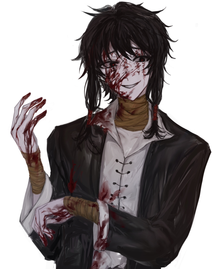 1boy, absurdres, bandaged_neck, bandaged_wrist, bandages, black_eyes, black_hair, black_jacket