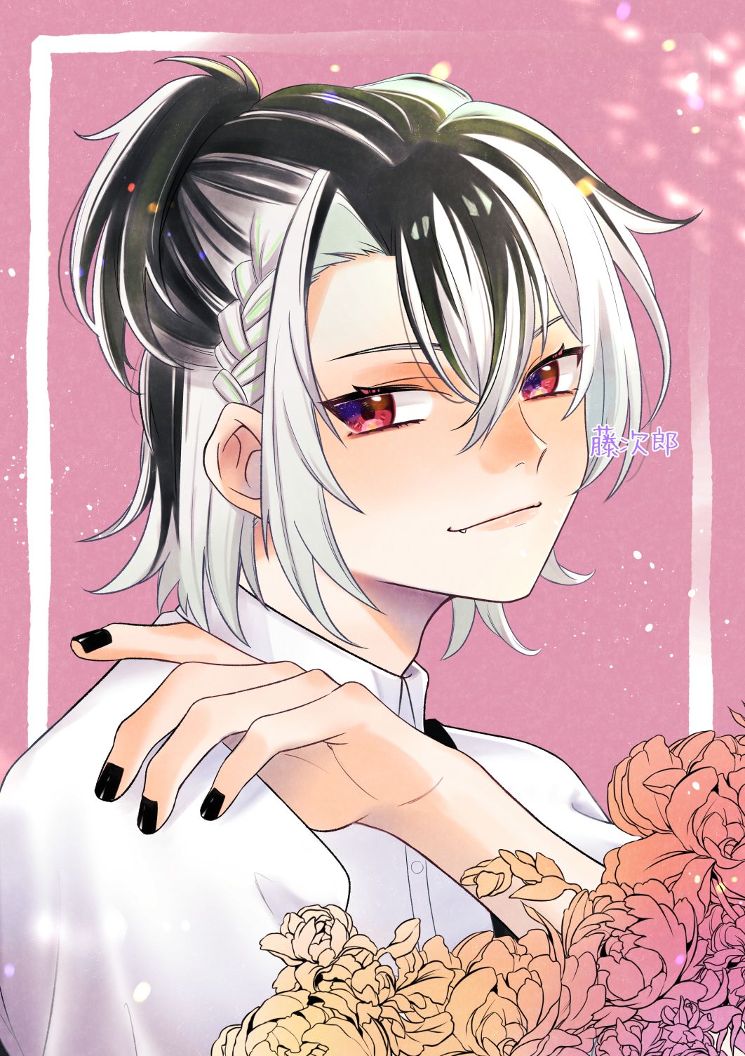 1boy, black_hair, black_nails, braid, closed_mouth, collared_shirt, fang, flower