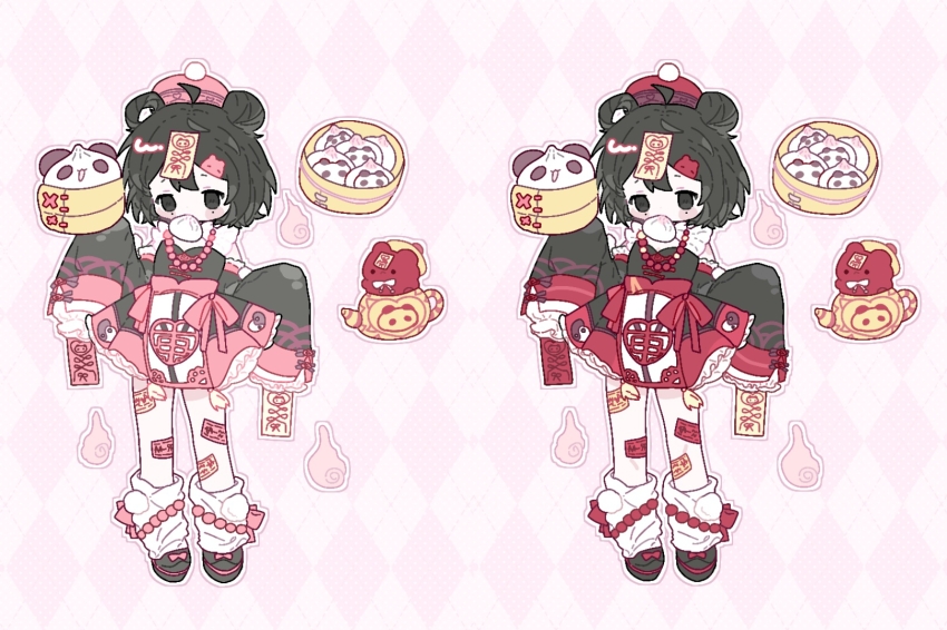 1girl, ahoge, argyle_background, black_eyes, black_hair, black_shirt, black_shoes, black_sleeves