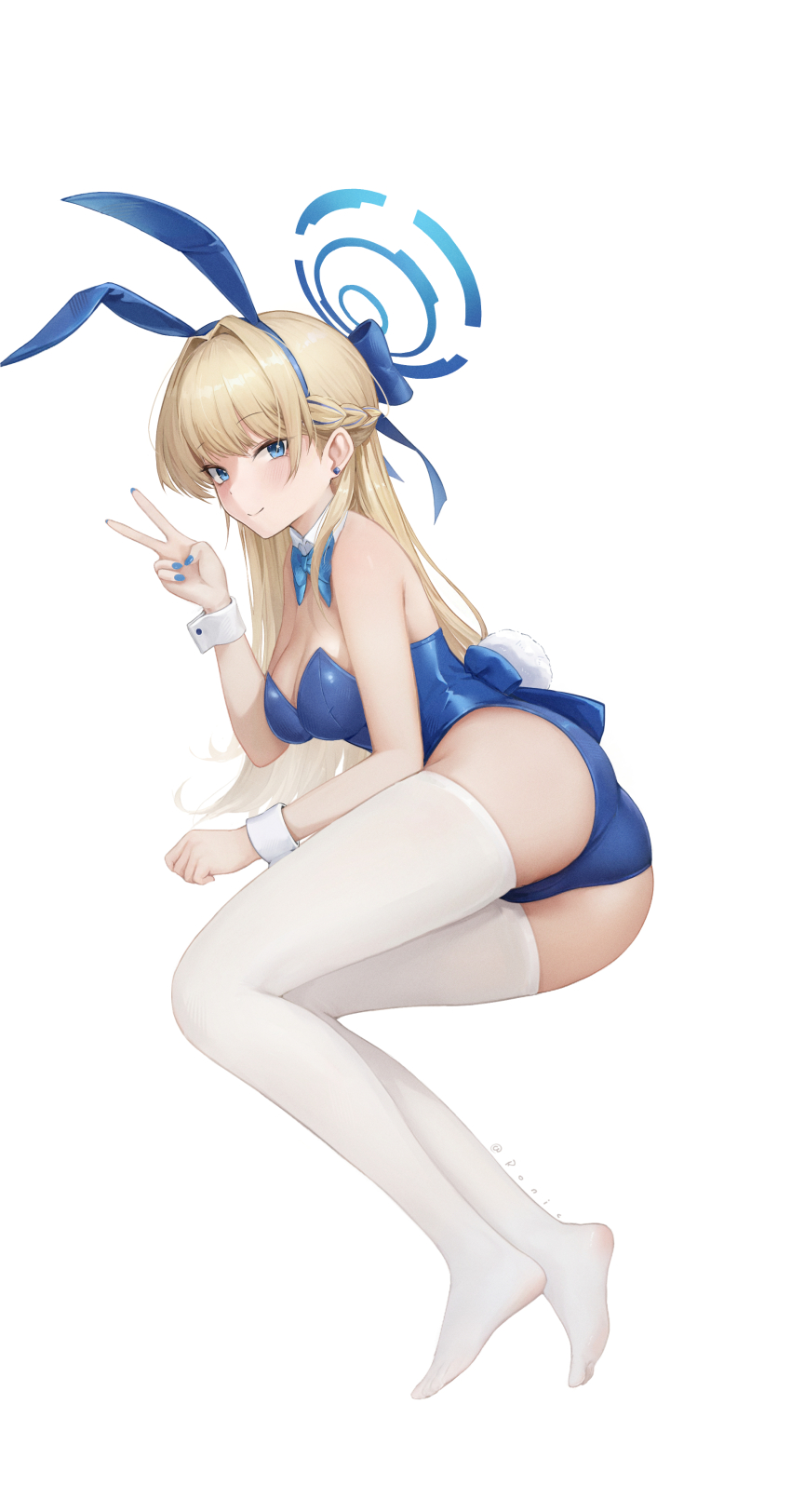 1girl, absurdres, animal_ears, ass, blue_archive, blue_bow, blue_bowtie, blue_halo