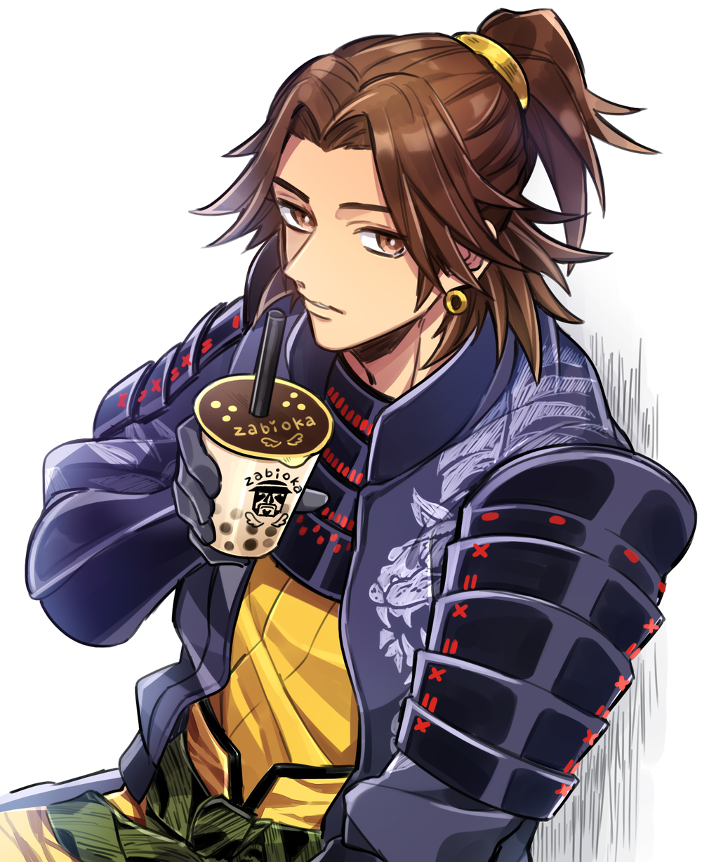 1boy, armor, black_gloves, black_jacket, brown_eyes, brown_hair, bubble_tea, drink