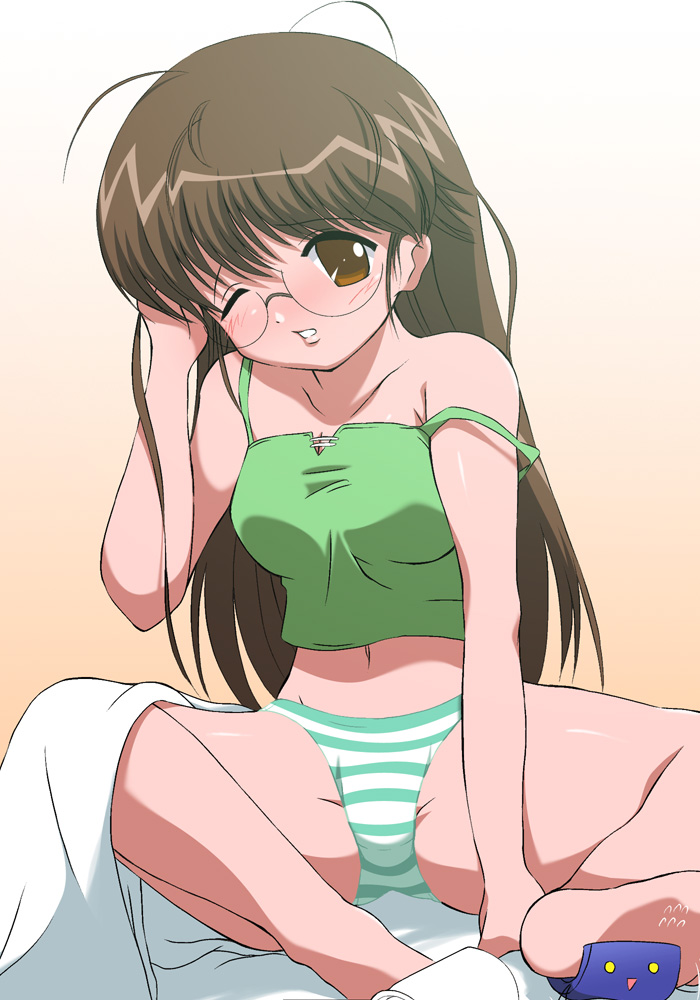 00s, aizawa_risona, brown_eyes, brown_hair, glasses, mahoraba, panties, underwear