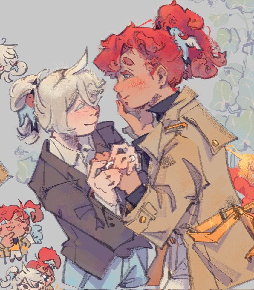 2girls, black_jacket, blue_shorts, blush, brown_coat, closed_mouth, coat, collared_shirt