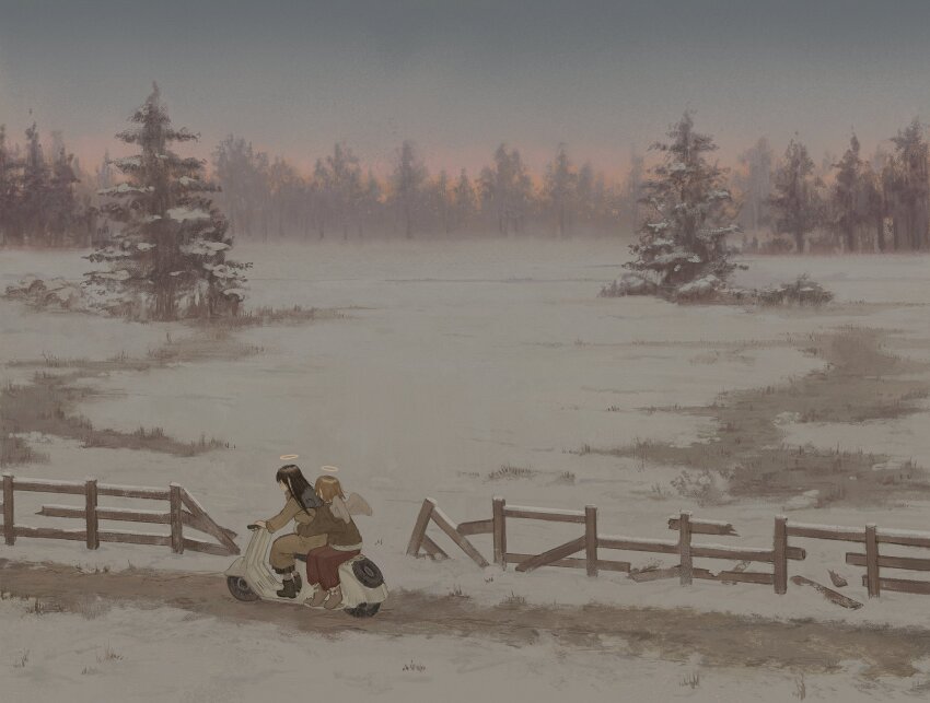 2girls, absurdres, angel, angel_wings, black_hair, brown_hair, haibane_renmei, halo