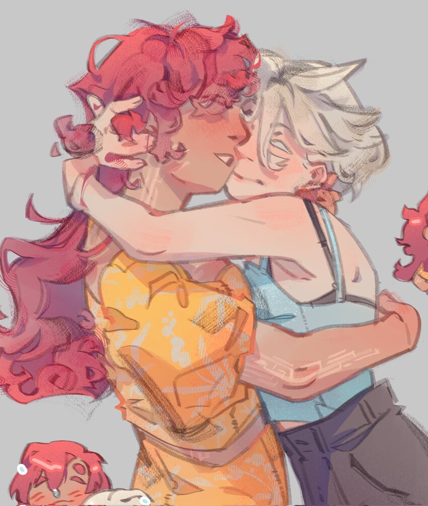 2girls, bare_arms, black_bra, black_shorts, blue_camisole, bra, camisole, closed_eyes