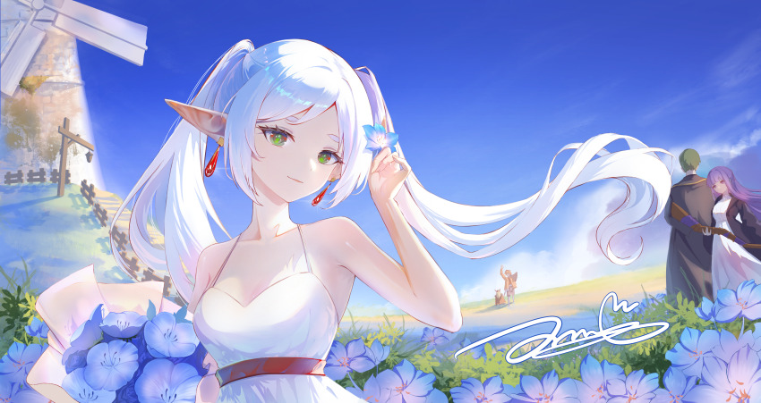 2girls, 3boys, absurdres, axe, battle_axe, black_robe, camisole, dwarf