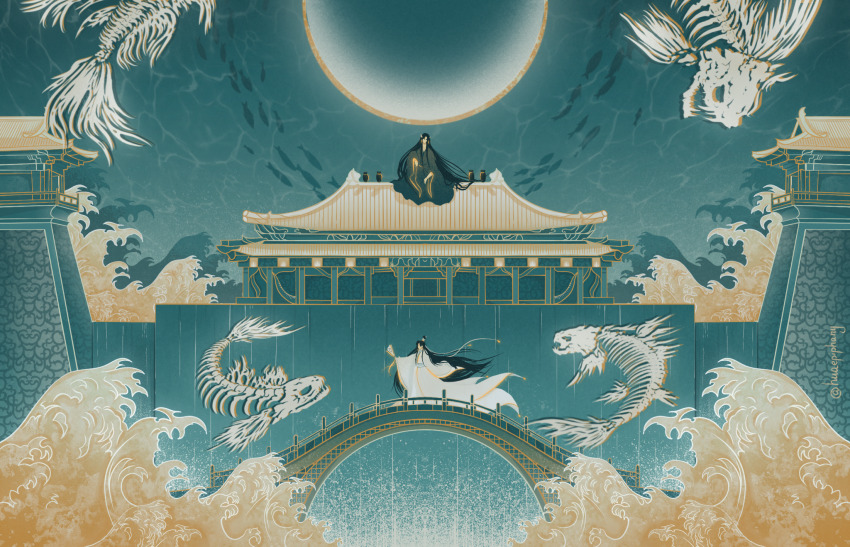 2boys, animal, animal_skeleton, architecture, black_hair, black_hanfu, blue_theme, bone