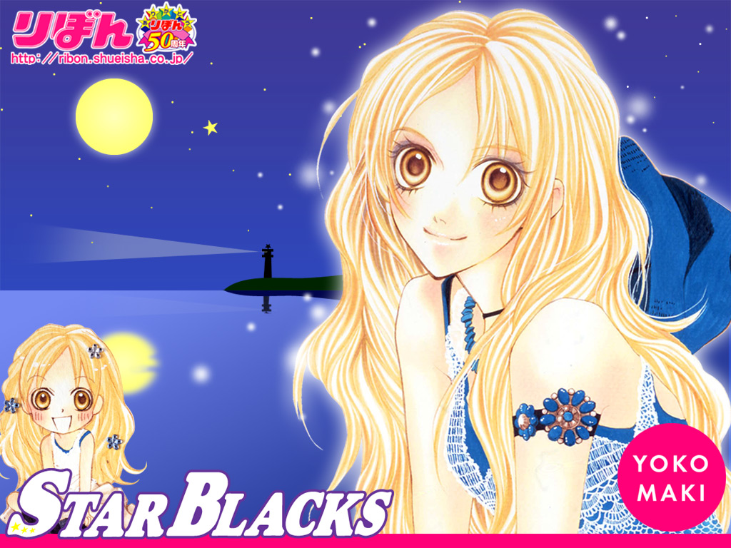 1girl, 2000s_(style), archived_source, artist_name, bare_shoulders, blonde_hair, blue_tank_top, brown_eyes, copyright_name, flower, full_moon, hair_flower, hair_ornament, kisaki_aragaki, long_hair, looking_at_viewer, maki_youko, moon, official_art, official_wallpaper, ribon_(shueisha), smile, solo, star_blacks, tank_top, third-party_source, upper_body, watermark, web_address