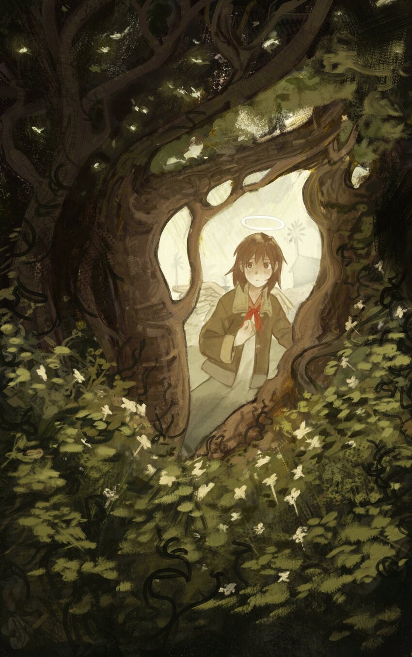 1girl, angel, angel_wings, brown_eyes, brown_hair, brown_jacket, haibane_renmei, halo