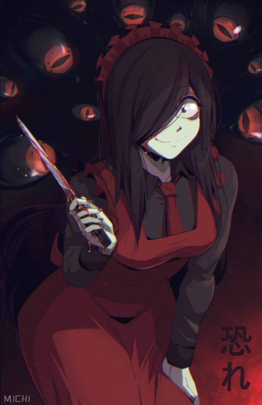 1girl, artist_name, blood, blood_on_face, bloody_knife, breasts, brown_hair, creepy_eyes