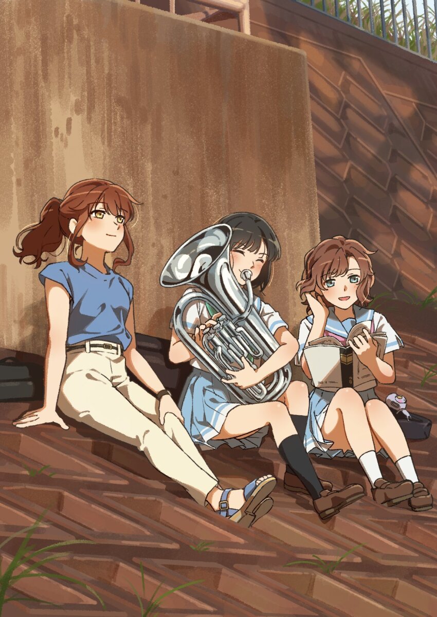 3girls, bag, belt, black_hair, black_socks, blue_shirt, blush, book