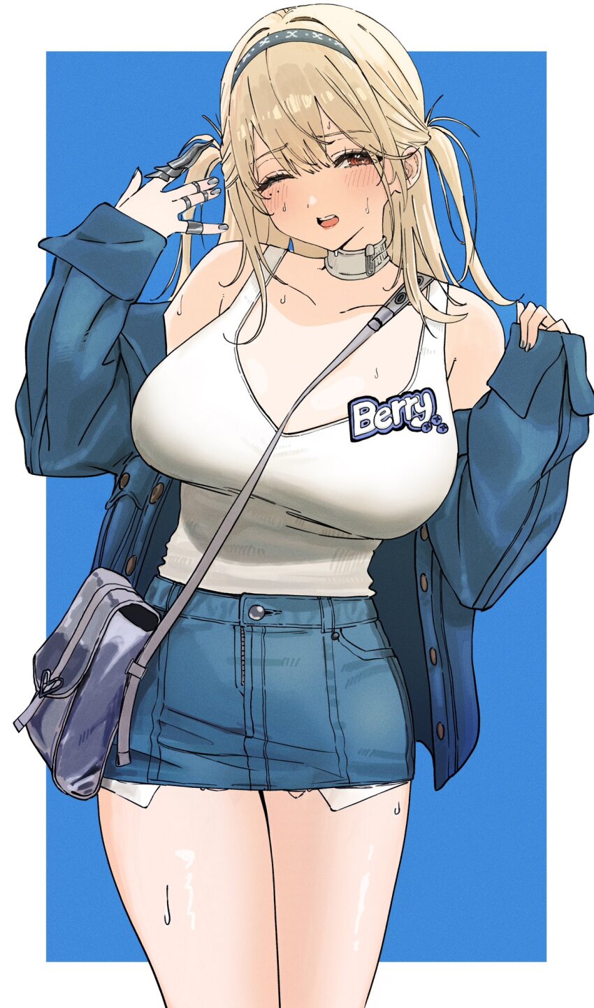 1girl, belt, belt_collar, blonde_hair, blue_hairband, blue_jacket, breasts, brown_eyes