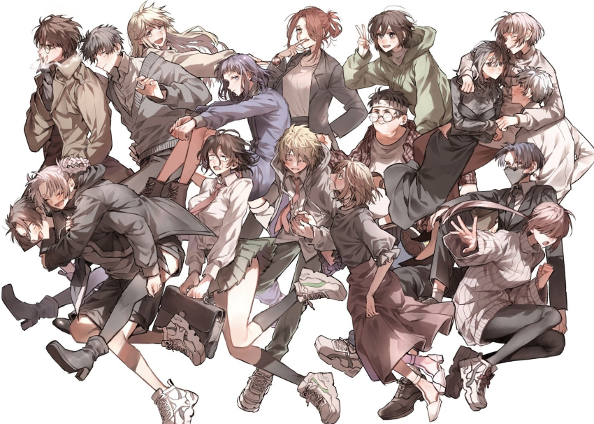 6+boys, 6+girls, :d, :o, absolutely_everyone, akiyama_akihito, ankle_boots, arm_around_another's_waist, arm_around_neck, asai_akira, azami_(yofukashi_no_uta), bag, black_coat, black_dress, black_footwear, black_hair, black_jacket, black_mask, black_pantyhose, black_shirt, black_shorts, black_skirt, black_socks, blonde_hair, blunt_bangs, blush, boots, braid, braided_hair_rings, briefcase, brown_coat, brown_hair, candy, cigarette, closed_eyes, coat, collared_shirt, covered_eyes, crossed_arms, drawstring, dress, earrings, everyone, fang, food, funa2001, glasses, green_hoodie, green_skirt, grey_hoodie, grey_sweater, grin, group_hug, hair_bun, hair_over_eyes, hair_over_one_eye, hair_rings, hand_on_another's_hip, headband, high_heel_boots, high_heels, highres, hirata_niko, holding, holding_bag, holding_candy, holding_cigarette, holding_food, holding_lollipop, honda_kabura, hood, hood_down, hooded_coat, hoodie, hoshimi_kiku, hug, hug_from_behind, jacket, jewelry, kikyou_seri, kneehighs, kohakobe_midori, loafers, lollipop, long_hair, long_skirt, long_sleeves, looking_ahead, looking_at_another, looking_to_the_side, lovegreen_(yofukashi_no_uta), mask, mouth_mask, multiple_boys, multiple_girls, nanakusa_haru, nanakusa_haruka, nanakusa_nazuna_(yofukashi_no_uta), necktie, open_clothes, open_jacket, open_mouth, pantyhose, pink_hair, pleated_skirt, ponytail, red_hair, red_necktie, red_skirt, ribbed_sweater, school_bag, school_briefcase, school_uniform, seki_mahiru, shirt, shoes, short_hair, shorts, simple_background, skirt, smile, smoke, smoking, sneakers, socks, stud_earrings, susuki_(yofukashi_no_uta), suzushiro_hatsuka, sweater, trap, turtleneck, uguisu_anko, v, v_over_mouth, white_background, white_footwear, white_hair, white_headband, white_shirt, yamori_kou, yellow_eyes, yofukashi_no_uta