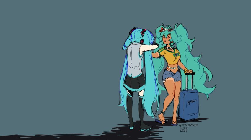 2girls, aqua_hair, bead_necklace, beads, black_footwear, black_skirt, black_sleeves, boots, brazilian_flag, brazilian_flag_print, brazilian_miku, commentary, cropped_shirt, crying, dark-skinned_female, dark_skin, denim, denim_shorts, detached_sleeves, english_commentary, eyewear_on_head, flag_print, flip-flops, grey_shirt, hatsune_miku, highres, ikanaide_(vocaloid), jewelry, kitkaloid, long_hair, multiple_girls, necklace, rolling_suitcase, sandals, shirt, short_shorts, shorts, skirt, standing, suitcase, sunglasses, tan, tanline, thigh_boots, twintails, twitter, very_long_hair, vocaloid, yellow_shirt