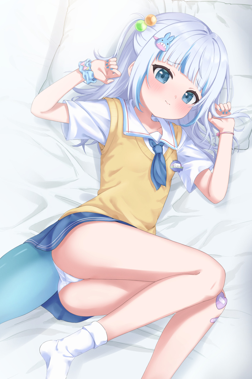 1girl, 4kimizuki, absurdres, bandaid, bandaid_on_knee, bandaid_on_leg, blue_hair, blue_nails, blue_necktie, blue_skirt, blush, breasts, collared_shirt, fins, fish_tail, gawr_gura, gawr_gura_(school_uniform), grey_hair, highres, hololive, hololive_english, looking_at_viewer, lying, medium_hair, multicolored_hair, nail_polish, necktie, official_alternate_costume, on_side, one_side_up, panties, shark_girl, shark_tail, shirt, skirt, small_breasts, smile, socks, solo, streaked_hair, tail, underwear, virtual_youtuber, white_panties, white_shirt, white_socks