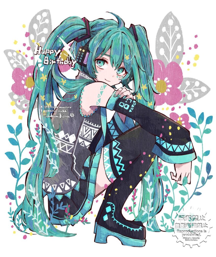 1girl, bare_shoulders, black_boots, black_skirt, black_sleeves, bloomminority, blue_eyes, blue_hair