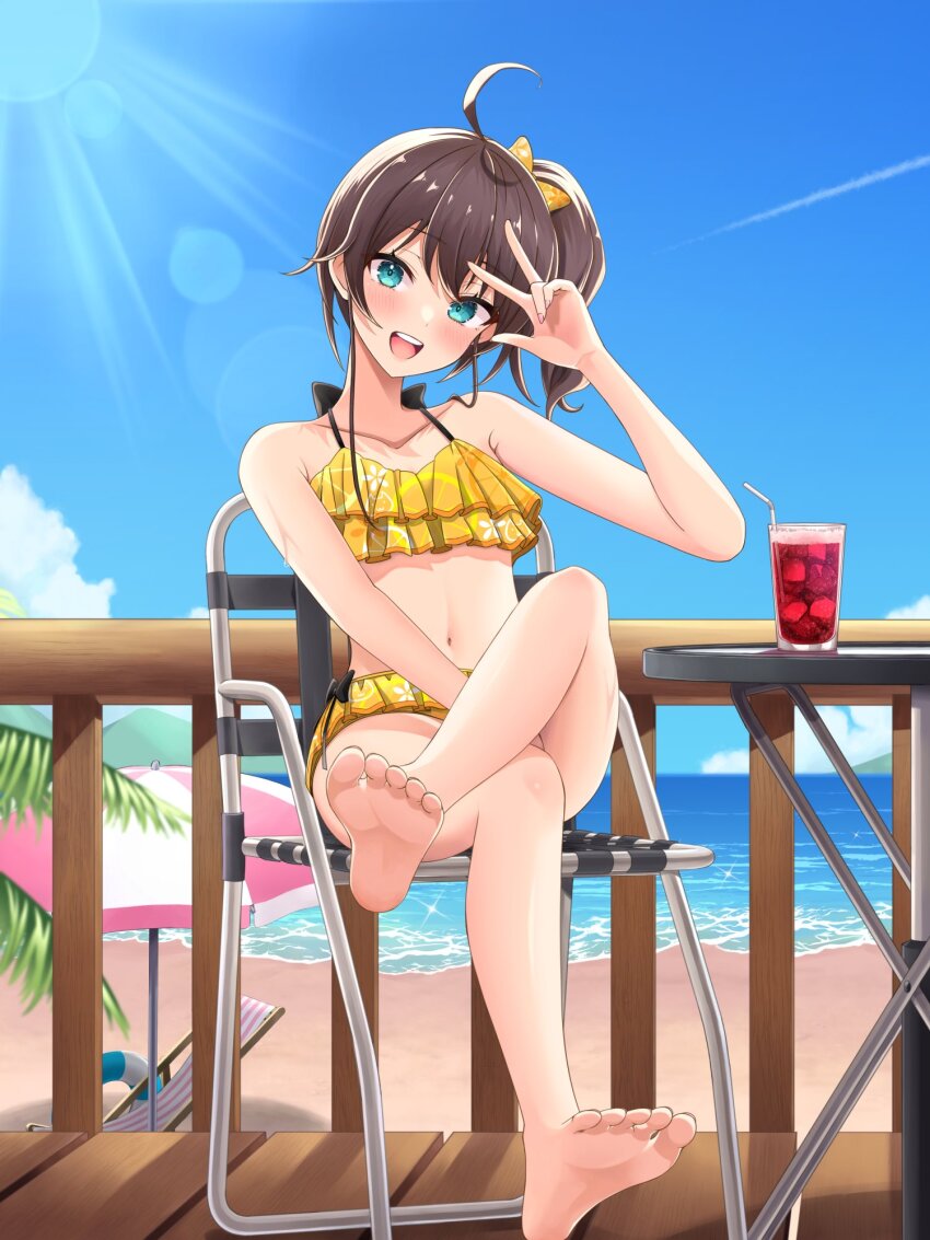 1girl, ahoge, bare_legs, barefoot, beach, beach_umbrella, bikini, black_bow