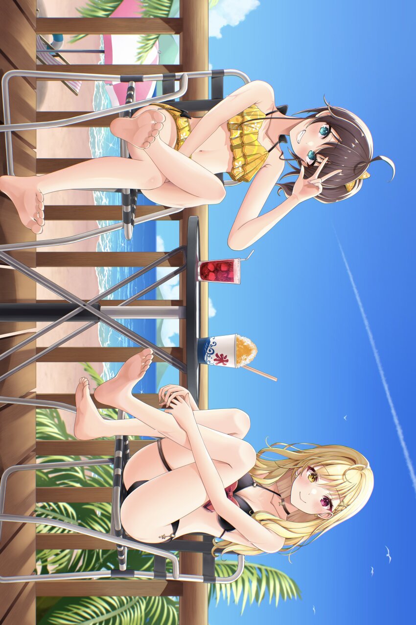 2girls, absurdres, barefoot, beach, bikini, bird, black_bikini, black_choker