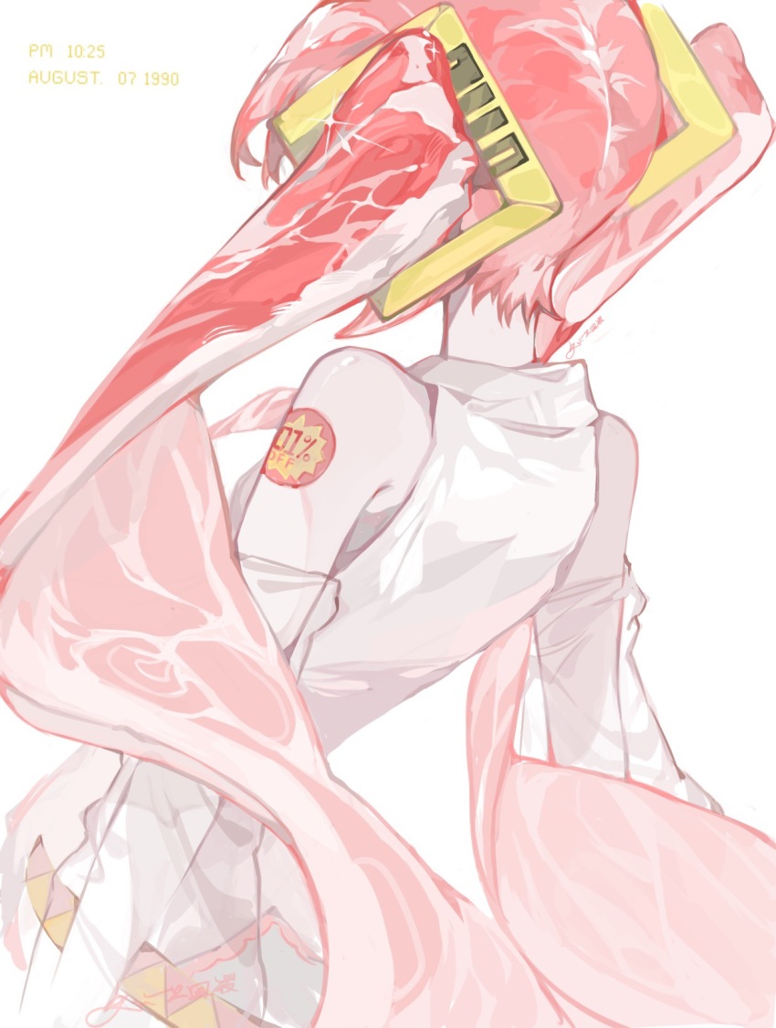 1girl, belt, borrowed_design, breasts, chinese_commentary, commentary, detached_sleeves, food, food-themed_hair, from_behind, hair_ornament, hatsune_miku, highres, label, long_hair, meat, meat_hair, niku_miku_(nankai), raw_meat, red_hair, see-through_clothes, see-through_sleeves, shirt, signature, sleeveless, sleeveless_shirt, solo, sticker, sticker_on_shoulder, tuzajiang, twintails, very_long_hair, vocaloid