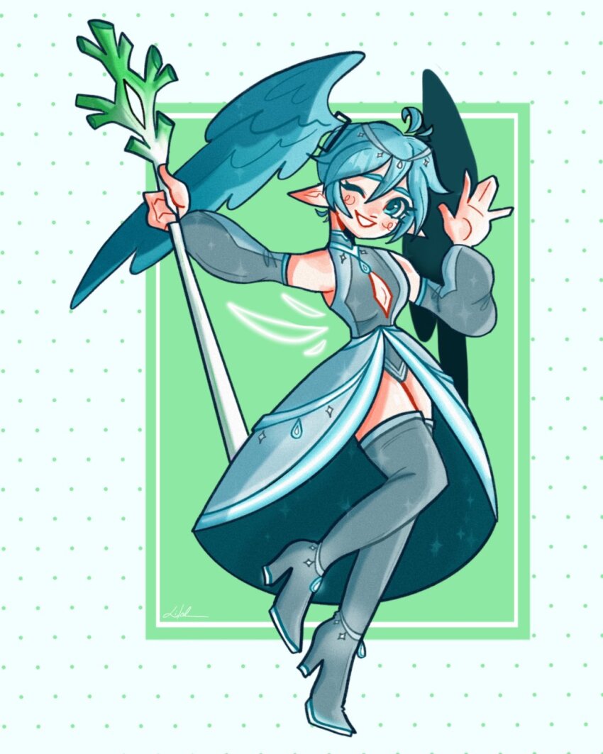 1girl, ahoge, alternate_costume, alternate_hairstyle, aqua_eyes, boots, breasts, captainludraws, cleavage_cutout, clothing_cutout, commentary, dress, english_commentary, full_body, grey_dress, hatsune_miku, head_wings, highres, one_eye_closed, pointy_ears, short_hair, smile, solo, spring_onion, thigh_boots, vocaloid, wings, worldwide_miku