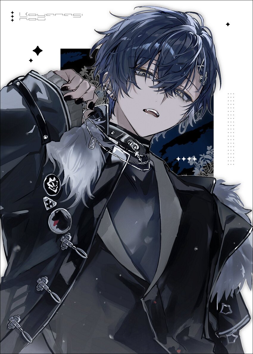 0x3nr, 1boy, absurdres, asymmetrical_bangs, black_nails, blue_hair, character_name, curtained_hair