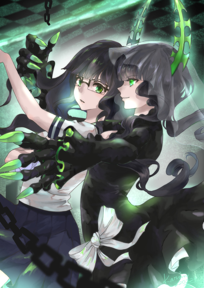 2girls, black_dress, black_hair, black_rock_shooter, bridal_veil, chain, dead_master, dress, dual_persona, glasses, green_eyes, green_horns, highres, horns, karin_(yutchinyutchin1), medium_hair, multiple_girls, pleated_skirt, school_uniform, skeletal_hand, skirt, takanashi_yomi, veil