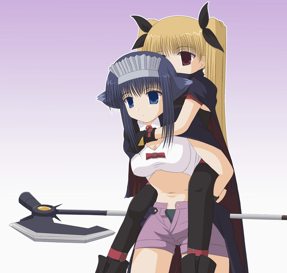 2girls, alph_(cosplay), animal_ears, arf, arf_(cosplay), bardiche_(device_form)_(nanoha), bardiche_(nanoha), black_hair, blonde_hair, blue_eyes, blue_hair, bow, brown_eyes, carrying, cosplay, crossover, fate_testarossa, fate_testarossa_(cosplay), fate_testarossa_(original_form), hair_bow, hair_ribbon, long_hair, look-alike, lyrical_nanoha, mahoraba, mahou_shoujo_lyrical_nanoha, minazuki_mahiru, multiple_girls, parody, piggyback, red_eyes, ribbon, tachibana_(mahoraba), tachibanakoharu, thighhighs, twintails