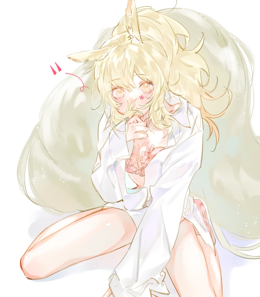 1girl, animal_ear_fluff, animal_ears, arknights, azha8, between_legs, blonde_hair, bra, breasts, cleavage, covered_mouth, cross-laced_clothes, full_body, hair_between_eyes, hand_between_legs, highres, holding, holding_own_hair, horse_ears, horse_girl, horse_tail, light_particles, long_hair, long_sleeves, looking_at_viewer, nearl_(arknights), no_pants, partially_unbuttoned, pink_bra, pink_socks, ponytail, shirt, sidelocks, simple_background, sitting, sleeves_past_wrists, socks, solo, tail, underwear, wariza, white_background, white_shirt, yellow_eyes