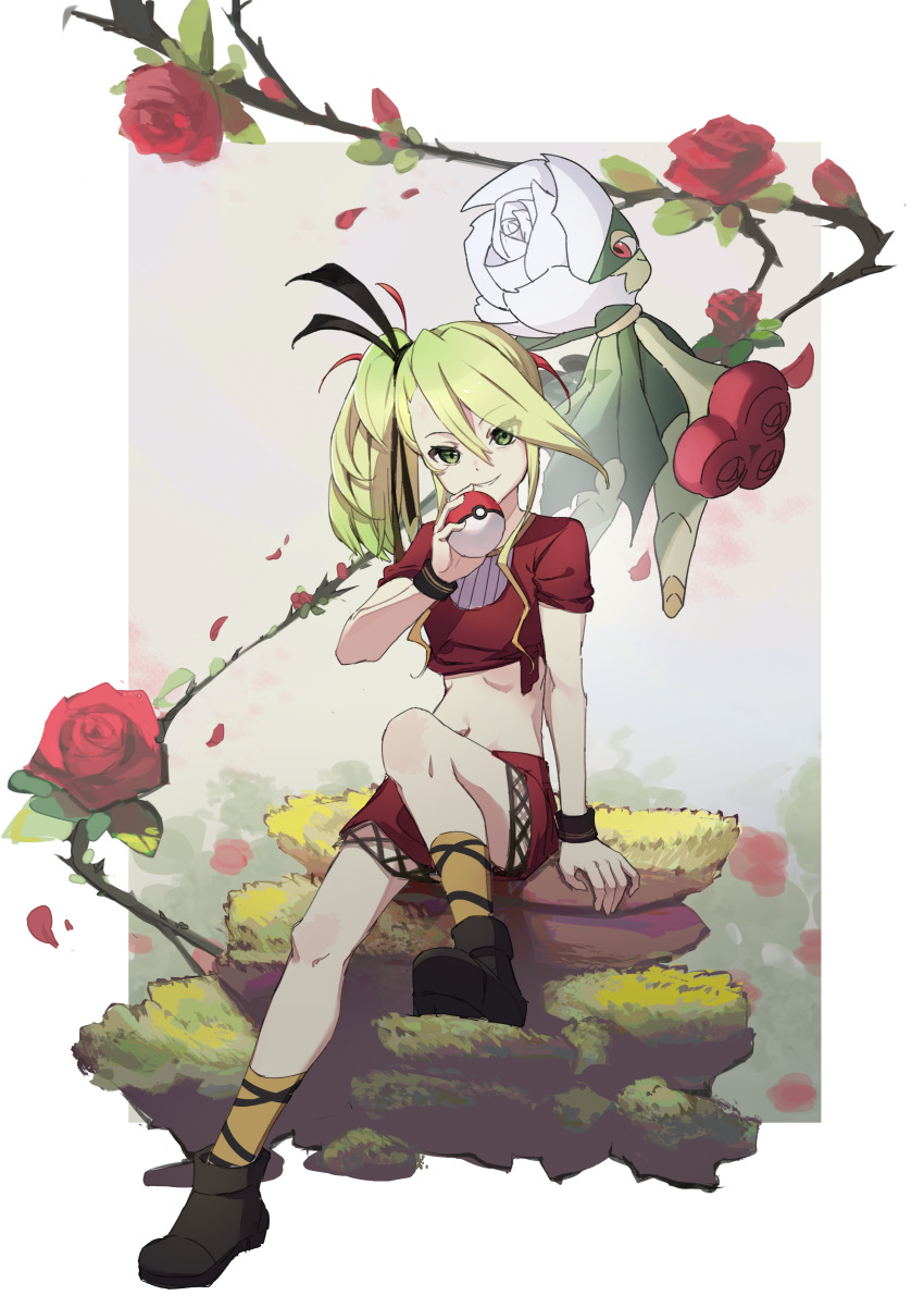 1girl, absurdres, blonde_hair, closed_mouth, crop_top, deathpolca, demons_roots, flower
