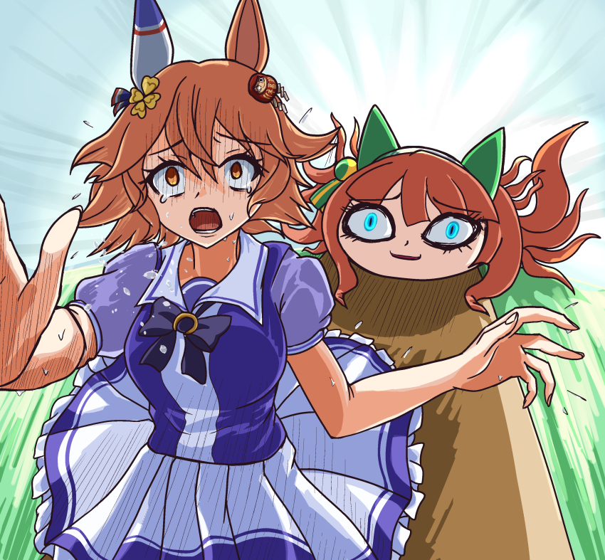 2girls, absurdres, animal_ears, bags_under_eyes, blue_eyes, blunt_bangs, bow, bowtie