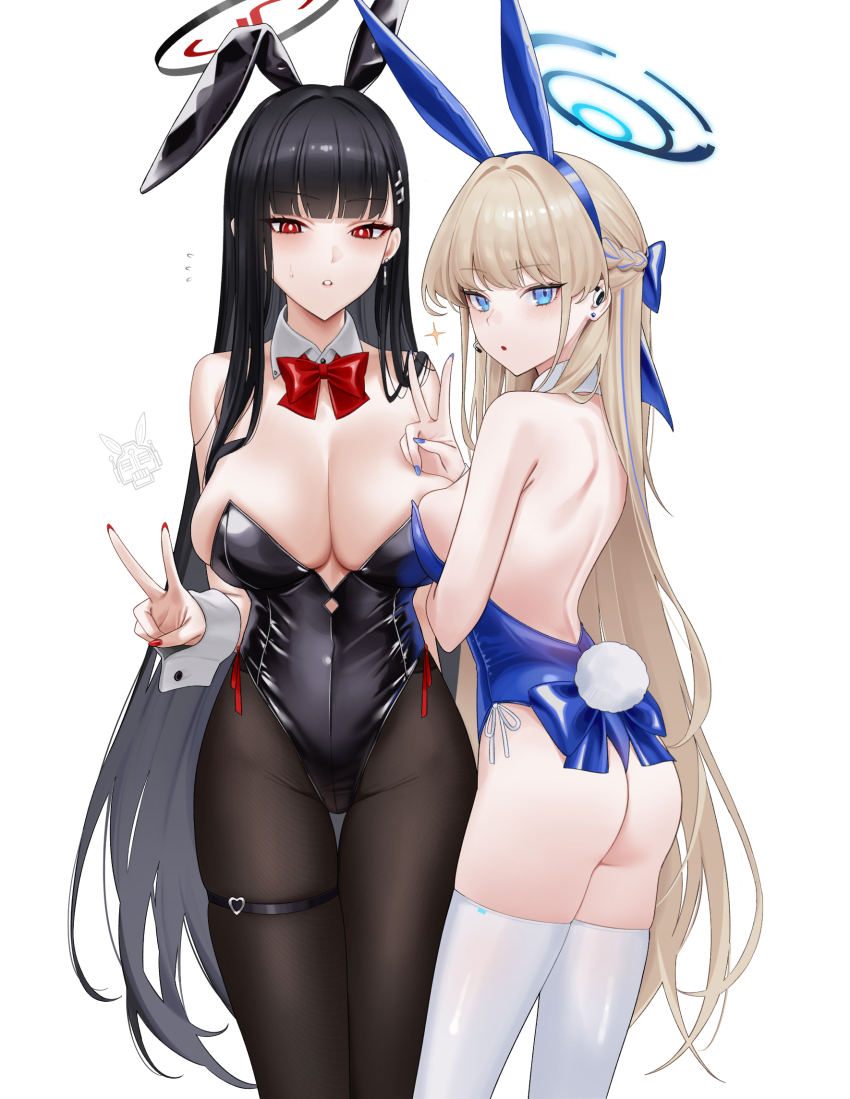 2girls, alternate_costume, alternate_hairstyle, animal_ears, ass, back, black_hair, black_halo