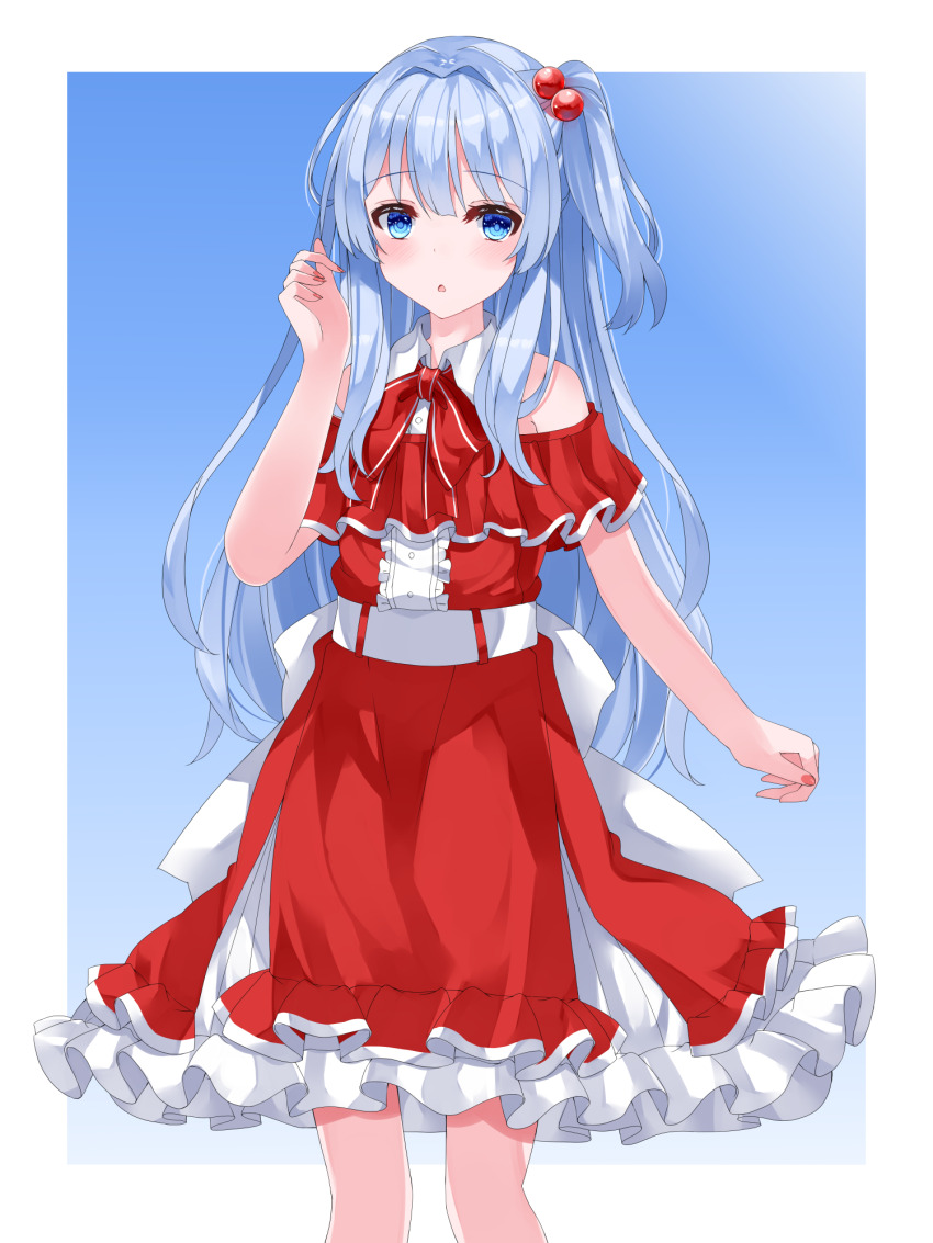 1girl, blue_eyes, blue_hair, blush, center_frills, curious, curly_hair, dress