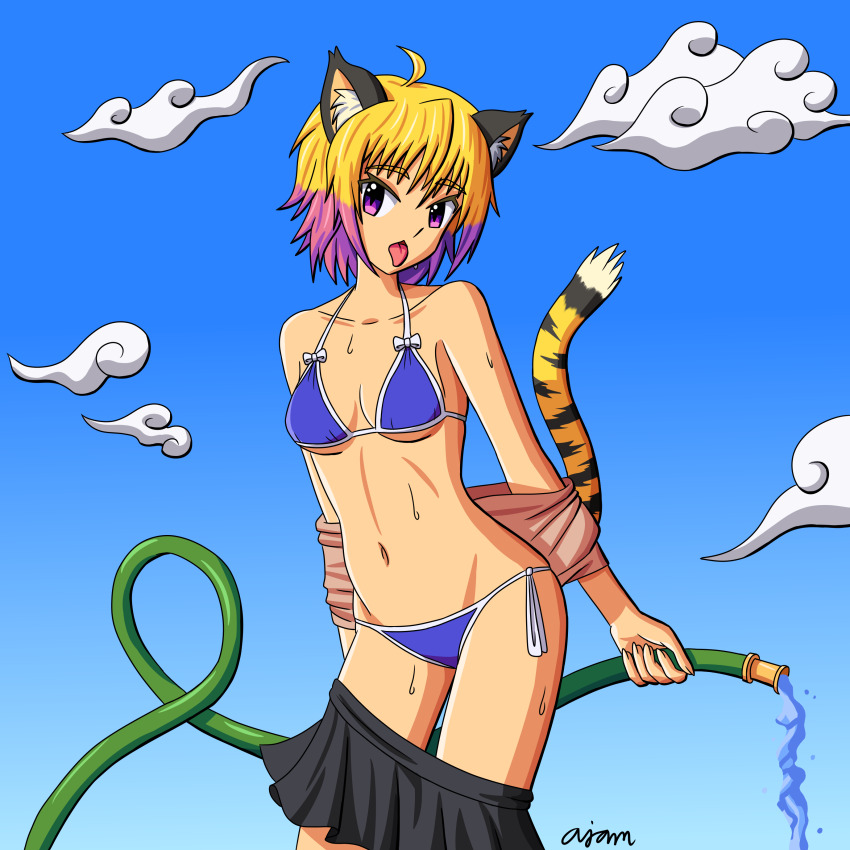 1girl, absurdres, ajamnova, animal_ear_fluff, animal_ears, artist_name, bikini, black_skirt
