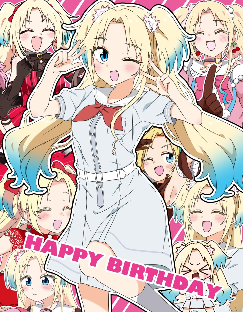 >_<, 1girl, :3, :d, ;d, ^_^, absurdres, armpits, arms_up, black_gloves, blonde_hair, blue_dress, blue_eyes, blue_hair, blush, breast_pocket, brown_dress, brown_gloves, cherry_earrings, choker, closed_eyes, closed_mouth, collarbone, colored_eyelashes, commentary, do!_do!_do!_(love_live!), double_w, dress, earrings, elbow_gloves, fang, feet_out_of_frame, flower, food-themed_earrings, food_themed_earrings, frilled_sailor_collar, frills, gloves, gradient_hair, hair_flower, hair_ornament, hakuchu_a_la_mode, hasu_no_sora_school_uniform, heart, heart_earrings, heart_o-ring, heart_ring_choker, highres, jewelry, kanzaki_gou, kokon_tozai_(love_live!), leg_up, light_blue_hair, link!_like!_love_live!, long_hair, long_sleeves, love_live!, medium_dress, miracreation, multicolored_hair, multiple_views, neckerchief, o-ring, o-ring_choker, official_alternate_costume, one_eye_closed, open_mouth, osawa_rurino, parted_bangs, pink_background, pink_dress, pink_flower, pinstripe_dress, pinstripe_pattern, pleated_dress, pocket, puffy_short_sleeves, puffy_sleeves, red_dress, red_neckerchief, sailor_collar, sailor_dress, school_uniform, short_sleeves, skin_fang, sleeveless, sleeveless_dress, sleeves_past_wrists, smile, summer_uniform, twintails, virtual_youtuber, w, white_flower, white_sailor_collar, winter_uniform, xd