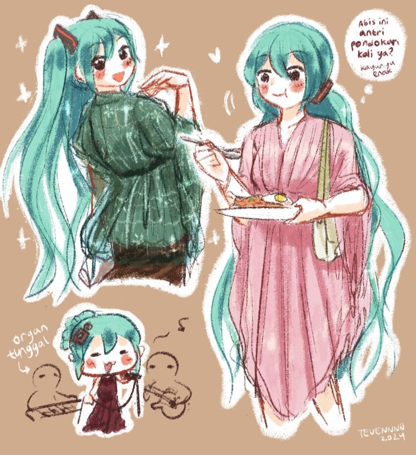 1girl, :3, :d, :t, aqua_hair, blouse, blush_stickers, brown_background, cropped_legs, double-parted_bangs, dress, eating, food, fried_rice, from_behind, green_shirt, hair_between_eyes, hatsune_miku, highres, indonesian_clothes, indonesian_text, long_hair, low_twintails, multiple_views, music, open_mouth, pink_dress, sarong, shirt, simple_background, singing, smile, tejennnn, translation_request, twintails, very_long_hair, vocaloid, worldwide_miku