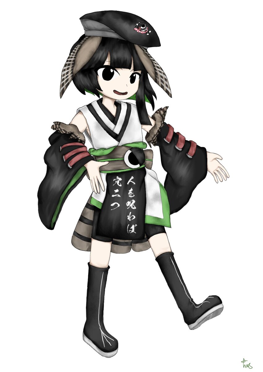 1boy, apron, beret, bird_wings, black_apron, black_boots, black_eyes, black_hair, black_hat, black_shorts, black_sleeves, blunt_bangs, blunt_ends, boots, brown_wings, colored_inner_hair, commentary, detached_sleeves, dot_nose, eye_of_senri, favnvs_(s910a_ib6), full_body, green_eyes, hand_on_own_hip, hat, head_wings, highres, indie_virtual_youtuber, japanese_clothes, jynx_(style), kimono, knee_boots, len'en, long_sleeves, looking_at_viewer, male_focus, multicolored_hair, open_mouth, parody, short_hair, short_kimono, shorts, signature, simple_background, single_sidelock, smile, solo, standing, style_parody, tabinoki_kanae, tabinoki_kanae_(1st_costume), tachi-e, virtual_youtuber, waist_apron, white_background, white_kimono, wide_sleeves, wings