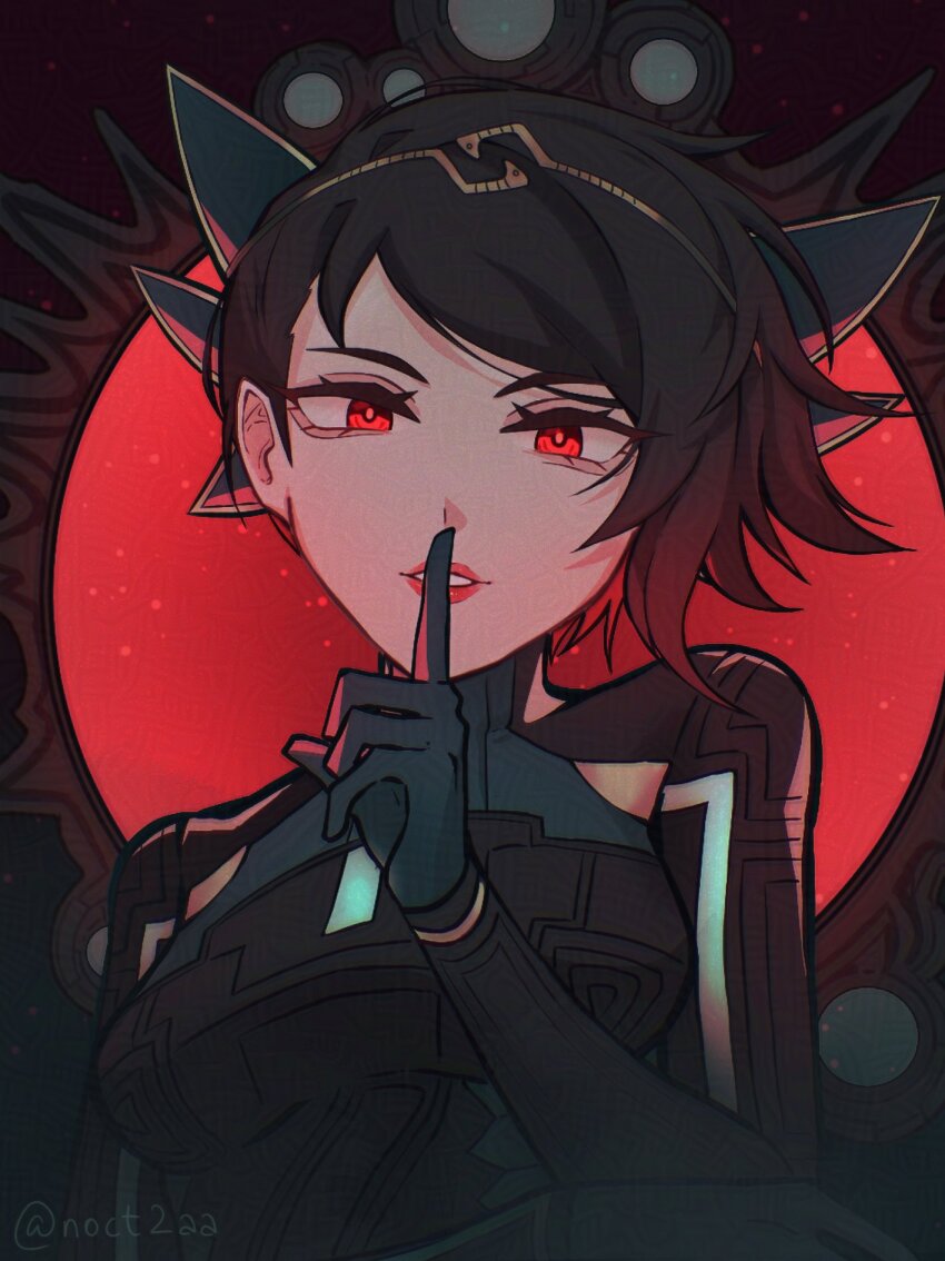 black_bodysuit, black_hair, bodysuit, commentary, english_commentary, finger_to_mouth, hair_ornament, highres, hiromine_yoko, hiromine_yoko_(panagia), index_finger_raised, lips, looking_at_viewer, noct2aa, official_alternate_costume, parted_lips, red_eyes, red_lips, shin_megami_tensei, shin_megami_tensei_v, shin_megami_tensei_v:_vengeance, short_hair, shushing, swept_bangs, twitter_username